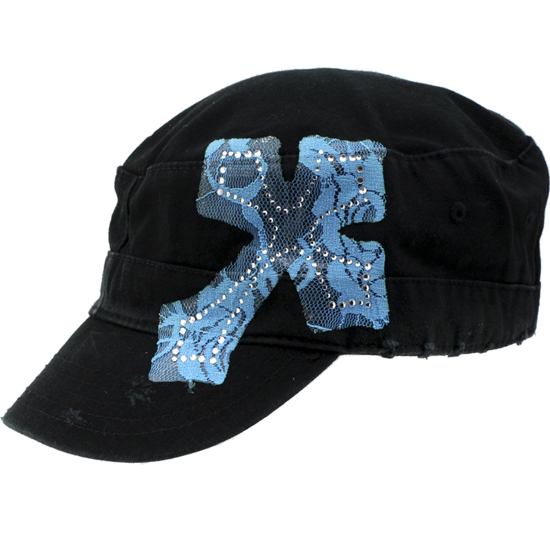 CAD-LACE-BK-BLUE - WHOLESALE RHINESTONE CADET CAPS/HATS