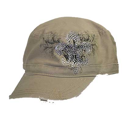 Wholesale Hats on Tat Fleur Khaki   Wholesale Rhinestone Fleur De Lis Cadet Style Caps